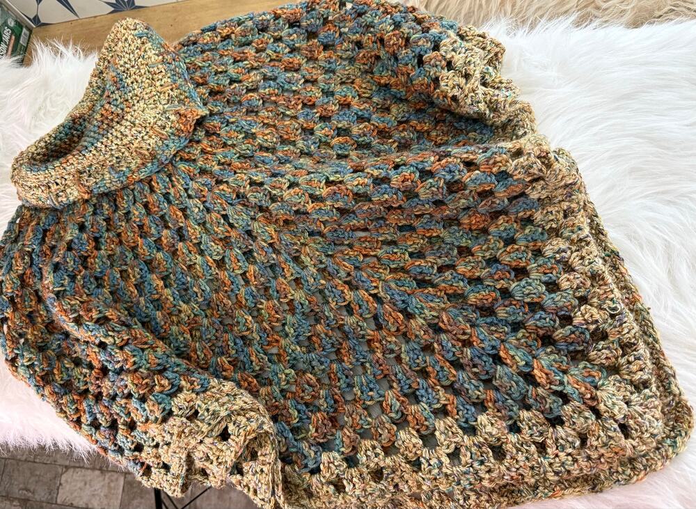 Vintage Crochet Asymmetrical Poncho Capelet Earth Tone Open Knit Cowl Neck